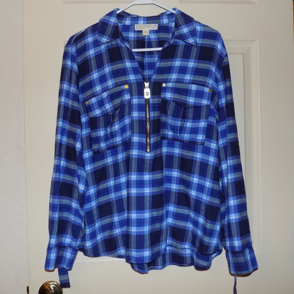 Michael Kors Plaid Tunic Women‎ Size L Blue Half Zip Roll Tab Sleeve Excellent